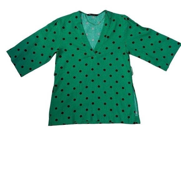 Zara Linen Blend Polka Dot Kaftan Blouse Size Small - Picture 7 of 11